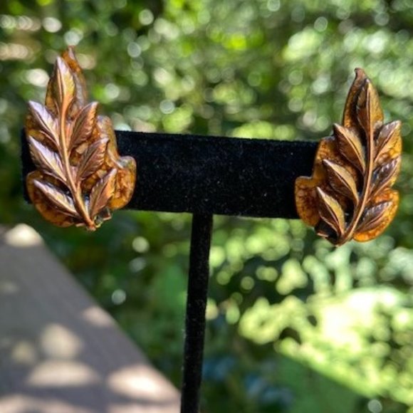 VTG MATISSE RENOIR Copper “Laurel” Leaf Enamel EARRING - Picture 1 of 6